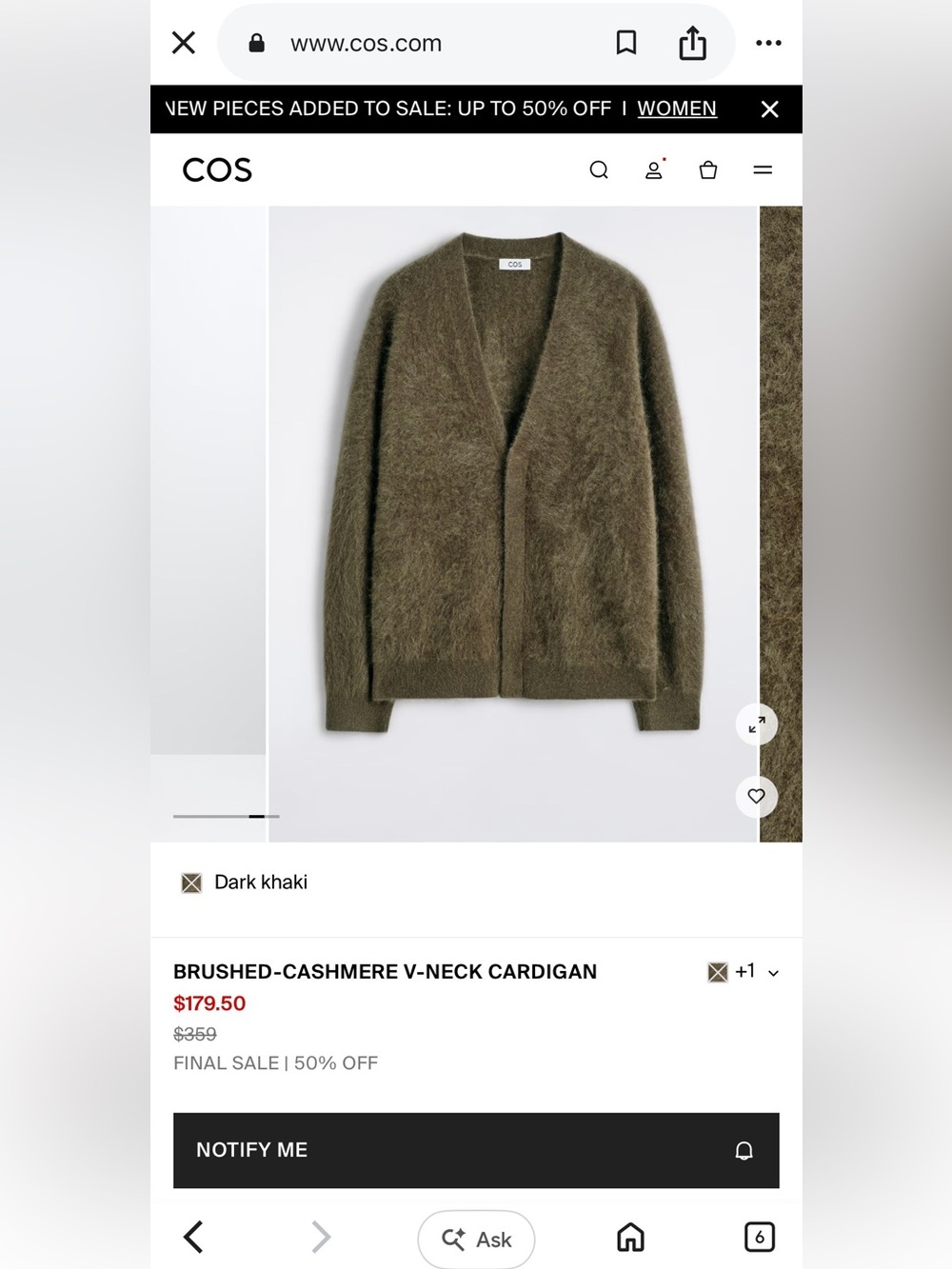 COS Men's Dark Khaki cashmere Button Cardigan size medium - Picture 2 of 11